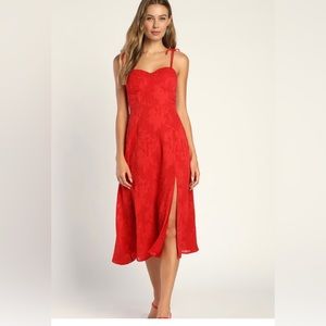 Lulu’s Loveliest Looks Red Floral Jacquard Tie-Strap Midi Dress
